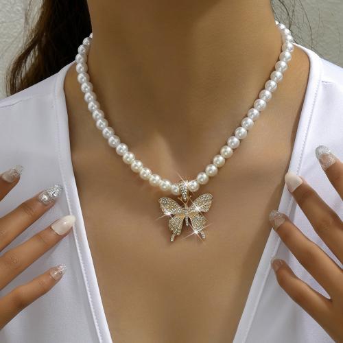 Plastic Pearl Necklace, with Zinc Alloy, with 2.4inch extender chain, Butterfly, plated, for woman & with rhinestone Approx 16.1 Inch 