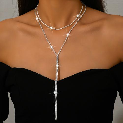 laiton collier, Placage de couleur argentée, pour femme & avec strass, Vendu par PC