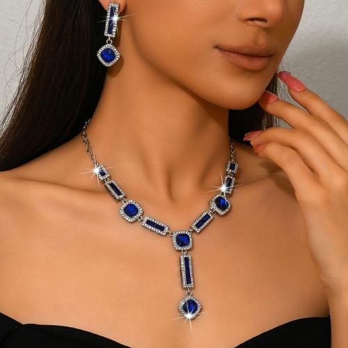 Zinklegierung Mode Schmuckset, Ohrring & Halskette, Geometrisches Muster, silberfarben plattiert, 2 Stück & für Frau & mit Strass, keine, verkauft von setzen