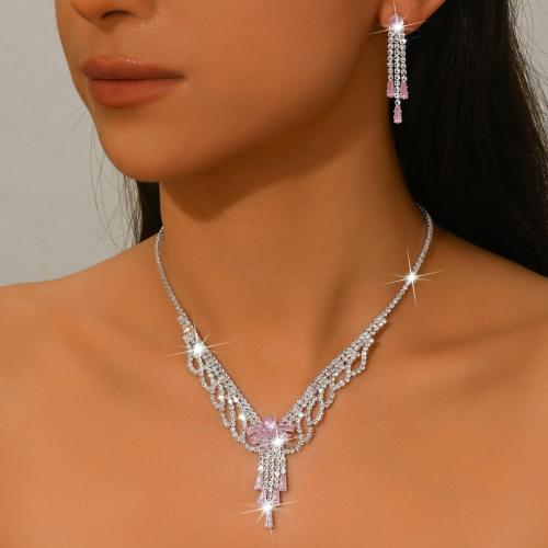 Messing Mode Schmuckset, Ohrring & Halskette, silberfarben plattiert, 2 Stück & Micro pave Zirkonia & für Frau, keine, verkauft von setzen[