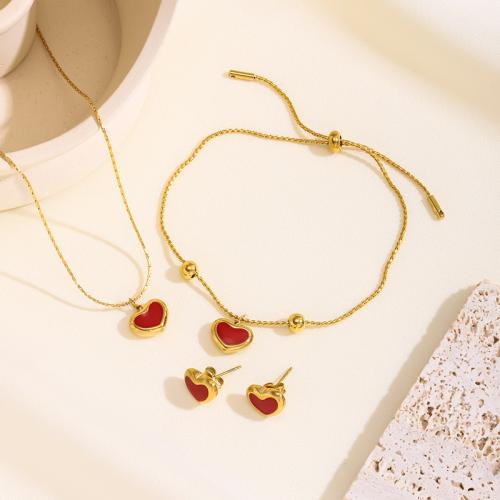 Ensembles de bijoux en acier inoxydable émaillé, Acier inoxydable 304, coeur, Placage, styles différents pour le choix & pour femme, doré, Necklace :45cm Bracelet :16cm., Vendu par PC