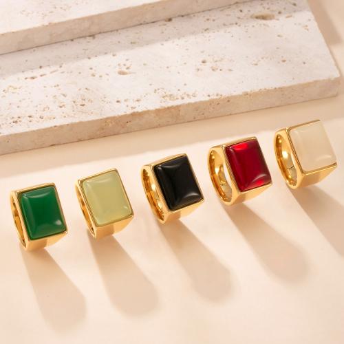 Gemstone Stainless Steel Finger Ring, 304 Stainless Steel, with Natural Stone, gold color plated  & for woman 