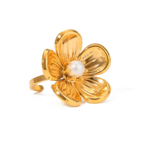 Edelstahl Fingerring, 304 Edelstahl, mit Kunststoff Perlen, Blume, 18K vergoldet, Modeschmuck & für Frau, verkauft von PC