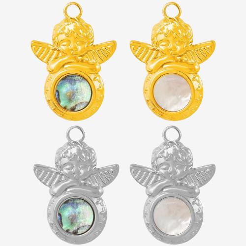 304 Stainless Steel Pendant, with White Shell & Abalone Shell, Angel, plated, DIY 