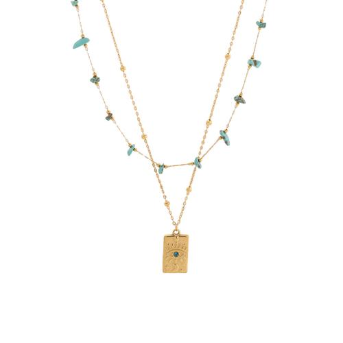 Collier de mode Multi couche, Acier inoxydable 304, avec turquoise, Placage, Double couche & bijoux de mode & pour femme, doré, Vendu par PC