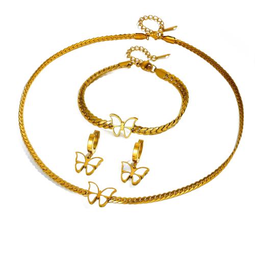 Parures de bijoux en acier inoxydable, Acier inoxydable 304, avec coquille blanche, papillon, Placage, bijoux de mode & styles différents pour le choix & pour femme, Necklace :45cm;Bracelet :16cm., Vendu par PC