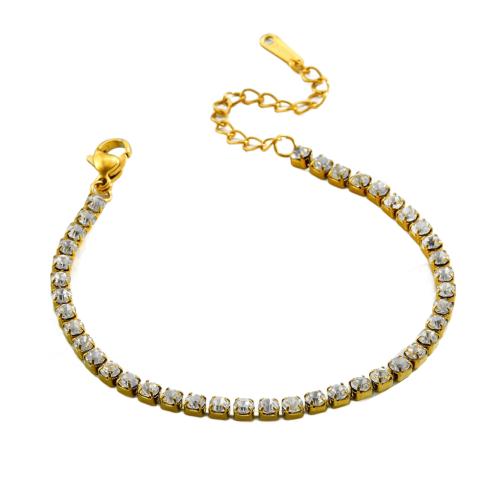Stainless Steel Chain Bracelets, 304 Stainless Steel, plated, fashion jewelry & micro pave cubic zirconia & for woman, golden Approx 16 cm 