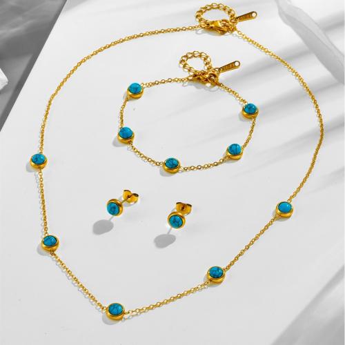 Turquoise Stainless Steel Jewelry Sets, 304 Stainless Steel, with turquoise, plated  & for woman, golden, Necklace :45cm;Bracelet :16cm. 