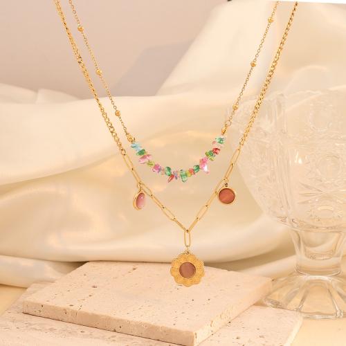 Collier de mode Multi couche, Acier inoxydable 304, avec pierrecaillou, Placage, Double couche & styles différents pour le choix & pour femme, doré, Vendu par PC