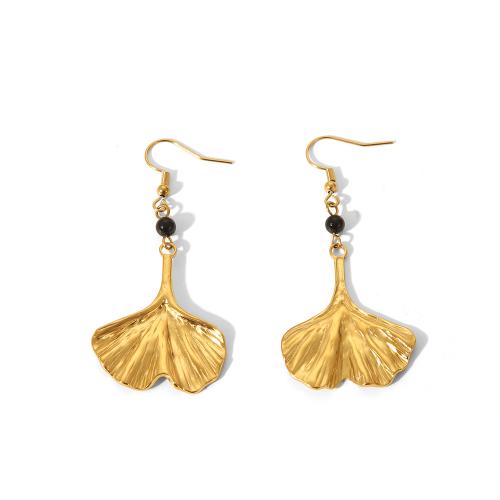 Boucle d'oreille goutte inox, Acier inoxydable 304, avec agate noire, Ginkgo Feuille, Placage, bijoux de mode & pour femme, doré, Vendu par paire