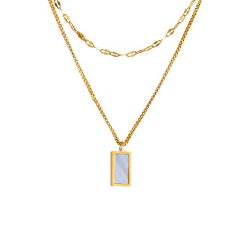 Collier de mode Multi couche, Acier inoxydable 304, avec coquille blanche, Placage, Double couche & bijoux de mode & pour femme, doré Environ 41-50 cm, Vendu par PC