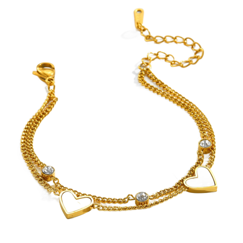 Stainless Steel Charm Bracelet, 304 Stainless Steel, with White Shell, 18K gold plated, Double Layer & for woman & with rhinestone Approx 16 cm 