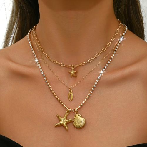 Zinc Alloy Necklace, gold color plated, multilayer & for woman & with rhinestone 