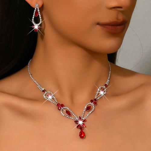 Brass Jewelry Set, earring & necklace, with Crystal, silver color plated, 2 pieces & for woman & with rhinestone 