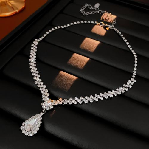 Zinc Alloy Necklace, Teardrop, silver color plated, for woman & with rhinestone Approx 16.9 Inch 