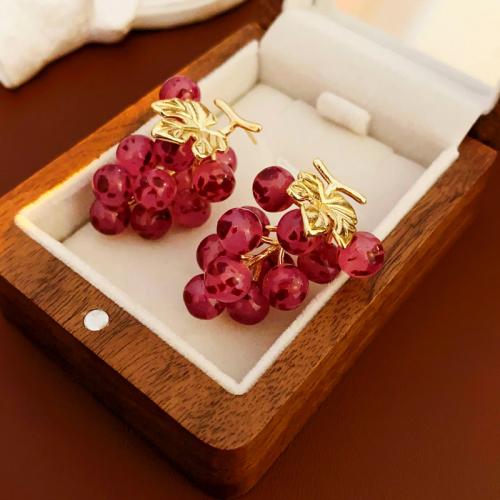 Brass Drop Earring, with Resin, Grape, gold color plated, fashion jewelry & for woman 