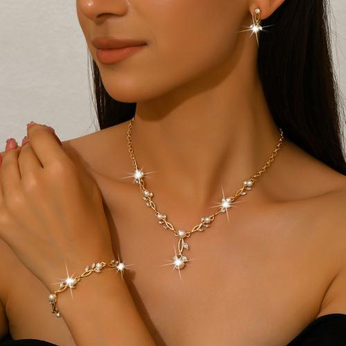 Zinklegierung Mode Schmuckset, Ohrring & Halskette, mit Kunststoff Perlen, plattiert, 2 Stück & für Frau & mit Strass, keine, verkauft von setzen