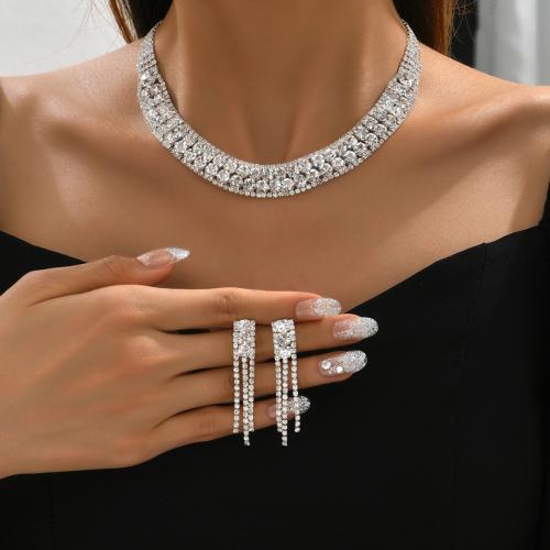 Strass Zink Legierung Schmuck Set, Zinklegierung, Ohrring & Halskette, silberfarben plattiert, 2 Stück & für Frau & mit Strass, verkauft von setzen