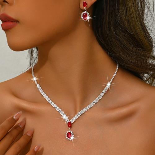 Zinklegierung Mode Schmuckset, Ohrring & Halskette, silberfarben plattiert, 2 Stück & Micro pave Zirkonia & für Frau, keine, verkauft von setzen[