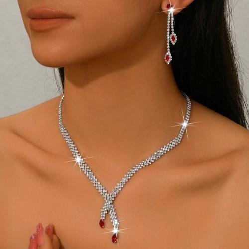 Messing Mode Schmuckset, Ohrring & Halskette, silberfarben plattiert, 2 Stück & Micro pave Zirkonia & für Frau, keine, verkauft von setzen[