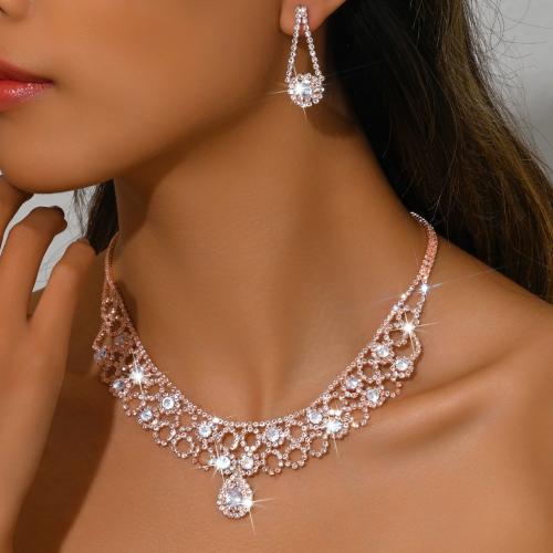 Zinklegierung Mode Schmuckset, Ohrring & Halskette, plattiert, 2 Stück & für Frau & mit Strass, keine, verkauft von setzen