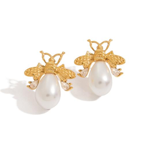 Edelstahl CZ Stud Ohrring, 304 Edelstahl, mit kubischer Zirkonia & Kunststoff Perlen, Biene, 18K vergoldet, Modeschmuck & für Frau, verkauft von Paar