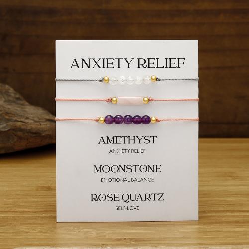 Gemstone Bracelets, Brass, with Moonstone & Wax Cord & Amethyst & Rose Quartz, handmade, three pieces & fashion jewelry & for woman, multi-colored 