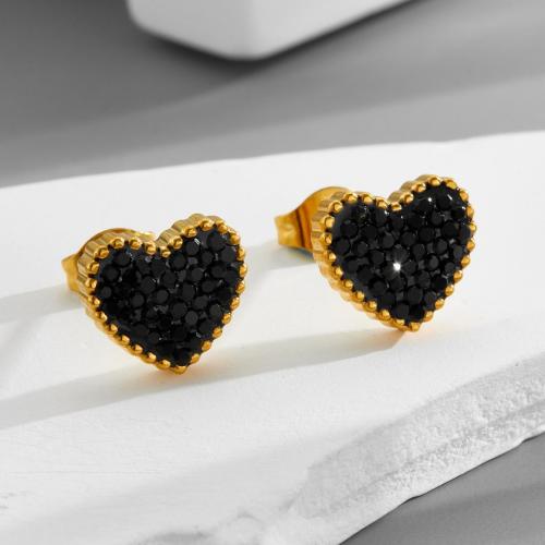 Stainless Steel Stud Earring, 304 Stainless Steel, Heart, plated, fashion jewelry & for woman & with rhinestone, golden 