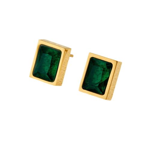 Boucle en acier inoxydable, Acier inoxydable 304, avec zircon cubique, rectangle, Plaqué d'or 18K, bijoux de mode & pour femme Vendu par paire