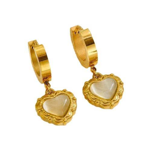 Boucle d'oreille goutte inox, Acier inoxydable 304, avec coquille blanche, coeur, Placage, bijoux de mode & pour femme, doré Vendu par paire