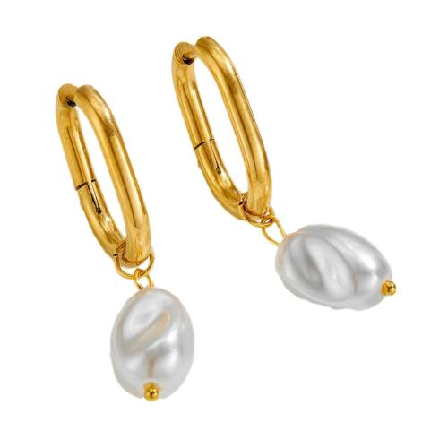 Edelstahl Tropfen Ohrring, 304 Edelstahl, mit Kunststoff Perlen, plattiert, Modeschmuck & für Frau, goldfarben, 10x10x10mm, verkauft von Paar