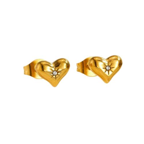 Stainless Steel Rhinestone Stud Earring, 304 Stainless Steel, Heart, plated, fashion jewelry & for woman & with rhinestone, golden 