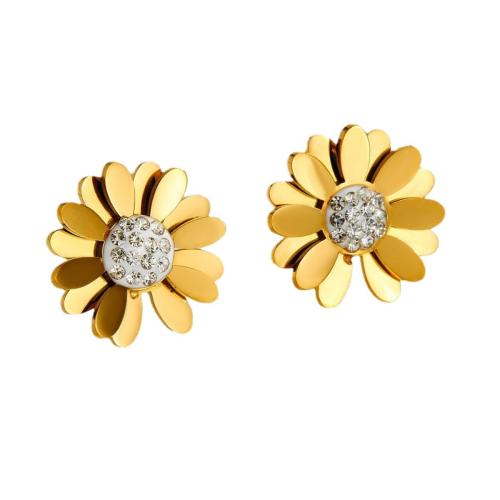 Stainless Steel Rhinestone Stud Earring, 304 Stainless Steel, Daisy, 18K gold plated, fashion jewelry & for woman & with rhinestone 