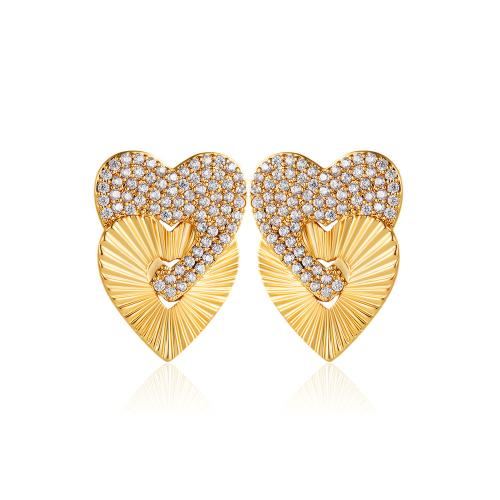 Boucles d'oreilles en laiton zircon cubique pavent, coeur, Plaqué or 18K, Double couche & pavé de micro zircon & pour femme, Vendu par paire[