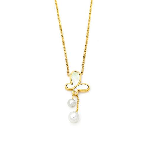 Edelstahl Schmuck Halskette, 304 Edelstahl, mit Weiße Muschel & Kunststoff Perlen, plattiert, Modeschmuck & für Frau, goldfarben, Länge:ca. 45 cm, verkauft von PC