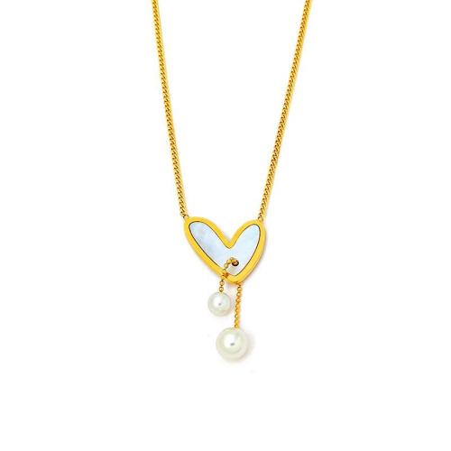 Edelstahl Schmuck Halskette, 304 Edelstahl, mit Weiße Muschel & Kunststoff Perlen, plattiert, Modeschmuck & für Frau, goldfarben, Länge:ca. 45 cm, verkauft von PC