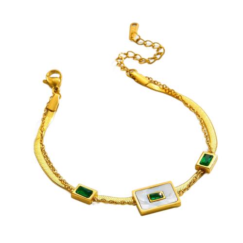 Bracelet en acier inoxydable, Acier inoxydable 304, avec coquille blanche, Placage, Double couche & pour femme & avec strass, doré Environ 16 cm, Vendu par PC
