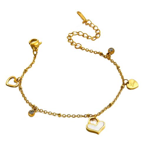 Bracelet en acier inoxydable, Acier inoxydable 304, avec coquille blanche, Plaqué or 18K, bijoux de mode & pour femme & avec strass Environ 16 cm, Vendu par PC