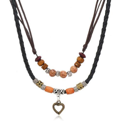 Collier cordon d'unité centrale, corde de cire, avec Cordon PU & turquoise & bois, fait à la main, Double couche & unisexe & styles différents pour le choix, plus de couleurs à choisir, Vendu par PC[