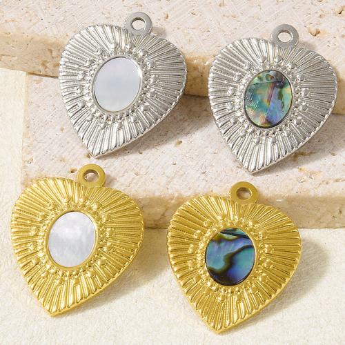 304 Stainless Steel Pendant, with White Shell & Abalone Shell, Heart, plated, DIY 