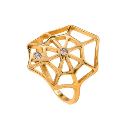 Strass Edelstahl Fingerring, 304 Edelstahl, Spinnennetz, plattiert, unisex & mit Strass & hohl, goldfarben, verkauft von PC