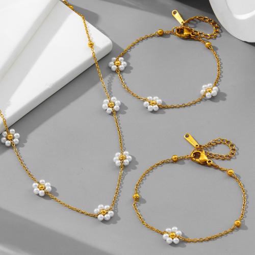 Parures de bijoux en acier inoxydable, Acier inoxydable 304, avec perle de plastique, Placage, bijoux de mode & styles différents pour le choix & pour femme, doré, Necklace :45cm; Bracelet :16cm., Vendu par PC
