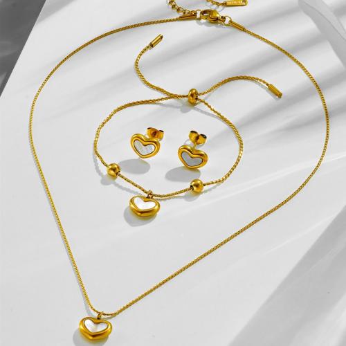 Parures de bijoux en acier inoxydable, Acier inoxydable 304, avec coquille blanche, coeur, Plaqué or 18K, bijoux de mode & styles différents pour le choix & pour femme, Necklace :40cm; Bracelet :16cm., Vendu par PC