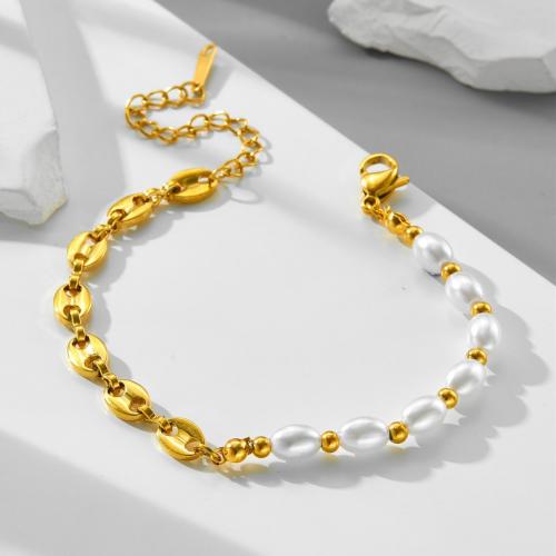 Bracelet en acier inoxydable, Acier inoxydable 304, avec perle de plastique, Placage, bijoux de mode & pour femme, doré Environ 16 cm, Vendu par PC
