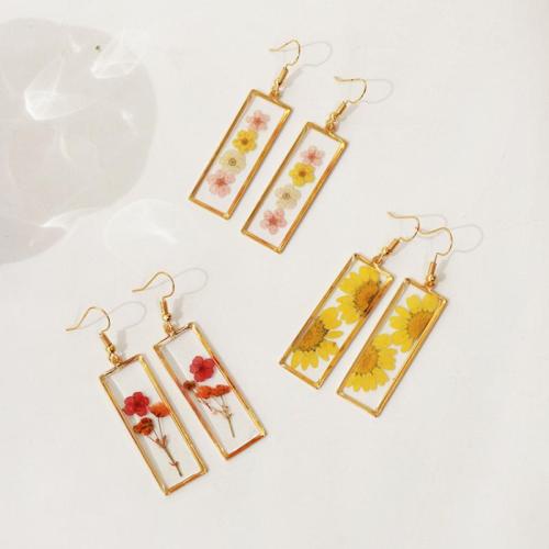 Zinc Alloy Drop Earring, with Dried Flower & Resin & 304 Stainless Steel, fashion jewelry & for woman, golden 