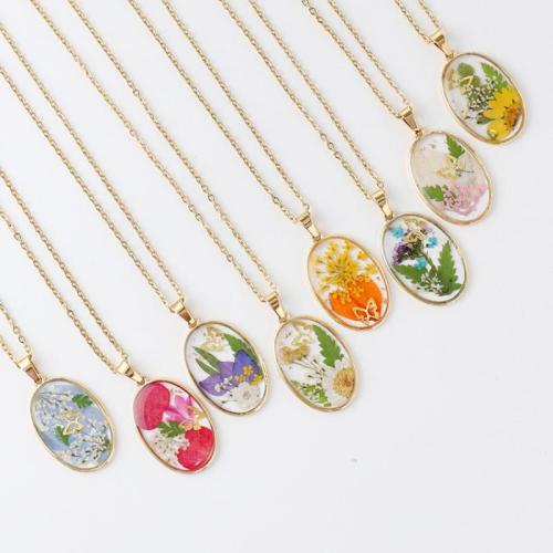 Zinc Alloy Necklace, with 304 Stainless Steel Chain & Dried Flower & Resin, epoxy gel, fashion jewelry & for woman Approx 45 cm 