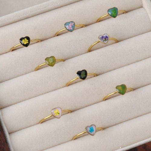 304 Stainless Steel Cuff Finger Ring, with Dried Flower & Resin, gold color plated & for woman & epoxy gel 