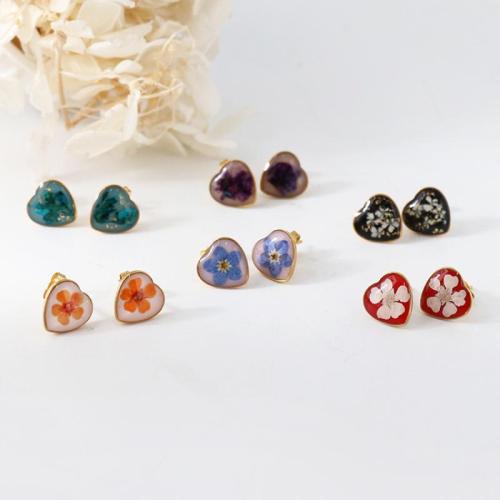 304 Stainless Steel Stud Earring, with Dried Flower, Heart, gold color plated & for woman & epoxy gel 