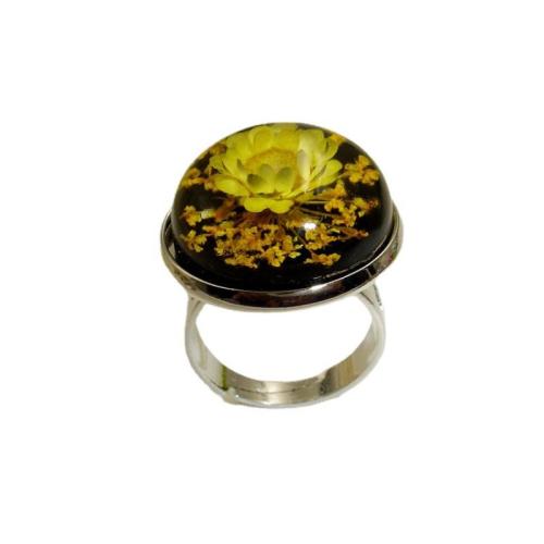 Brass Cuff Finger Ring, with Dried Flower & Amber, platinum color plated, random style & for woman & epoxy gel, US Ring 