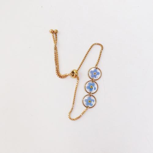 Harz Armband, mit 304 Edelstahl Kette & Getrocknete Blumen, Modeschmuck & für Frau & Epoxy Aufkleber, goldfarben, Länge:ca. 16 cm, 6PCs/Tasche, verkauft von Tasche[